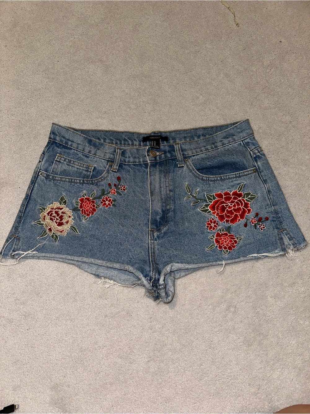 Embroidered Floral Denim Shorts - Blue